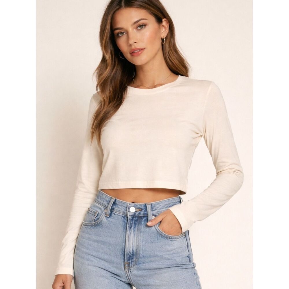 Reformation XS Cream Organic Cotton Long Sleeve Cropped Tee Top